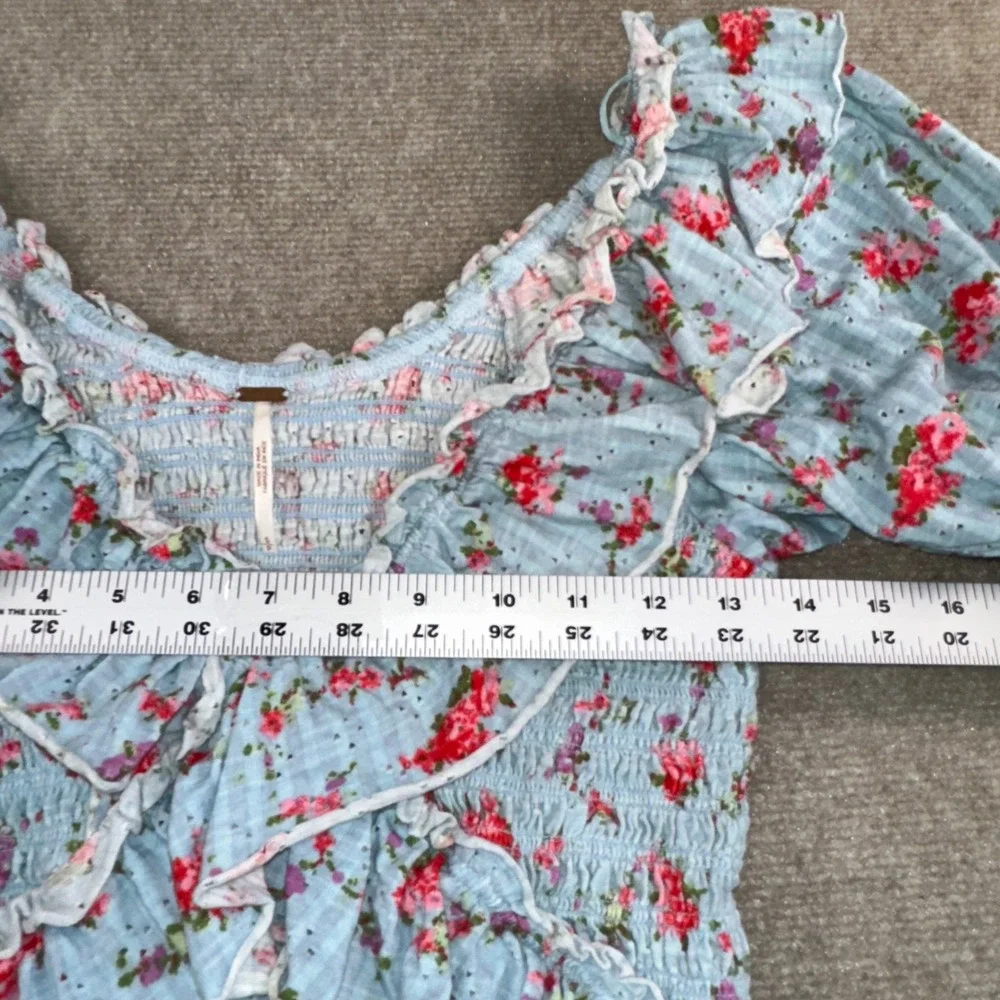 Free People Floral Smocked Ruffle Blouse Blue Gingham Puff Sleeve Top Small